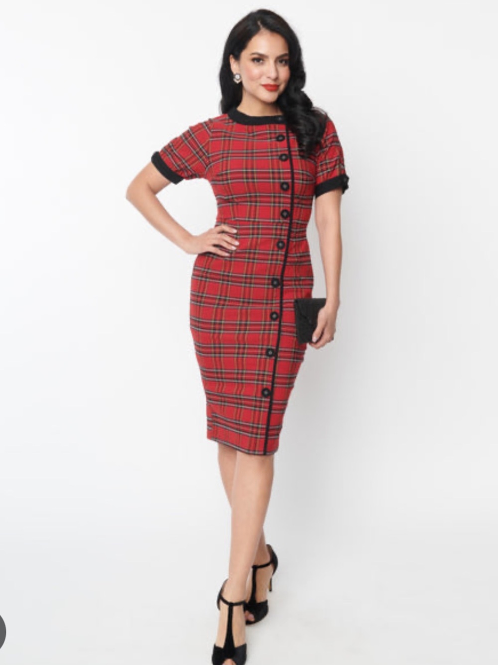 UNIQUE VINTAGE Red and Black Plaid Short Sleeve Dress